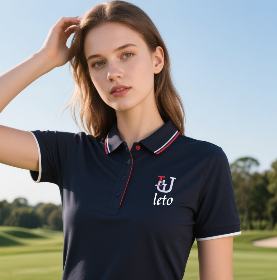 A golfer wearing custom-designed golf apparel, swinging confidently on a lush green golf course under a sunny sky.