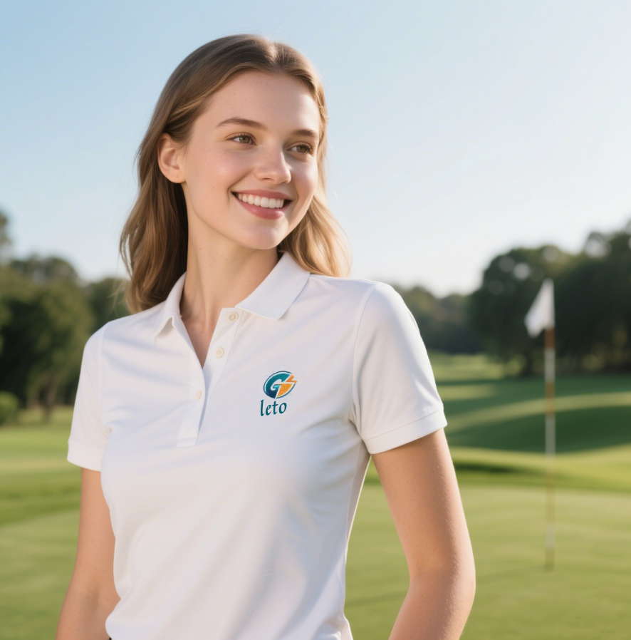 A golfer wearing a sleek, customized golf polo with a personalized logo, standing confidently on a scenic golf course with a club in hand