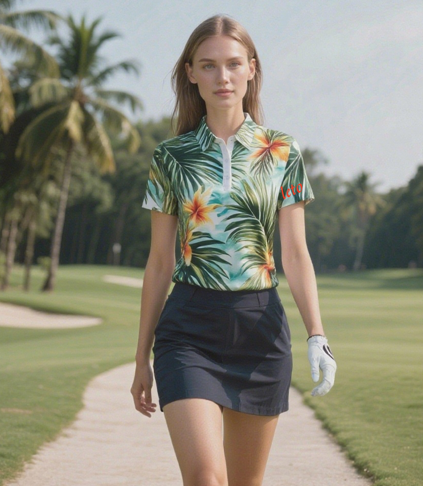 A golfer wearing sweat-resistant golf wear, confidently teeing off under the blazing sun, with breathable and moisture-wicking fabric keeping them cool