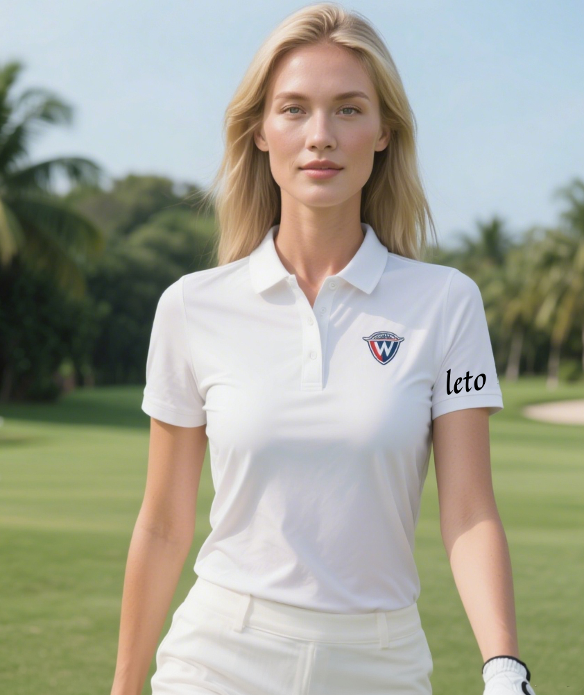 A golfer confidently walking on the course under the bright sun, dressed in sweat-resistant golf wear that stays dry and comfortable. Perfect for hot, sunny days!