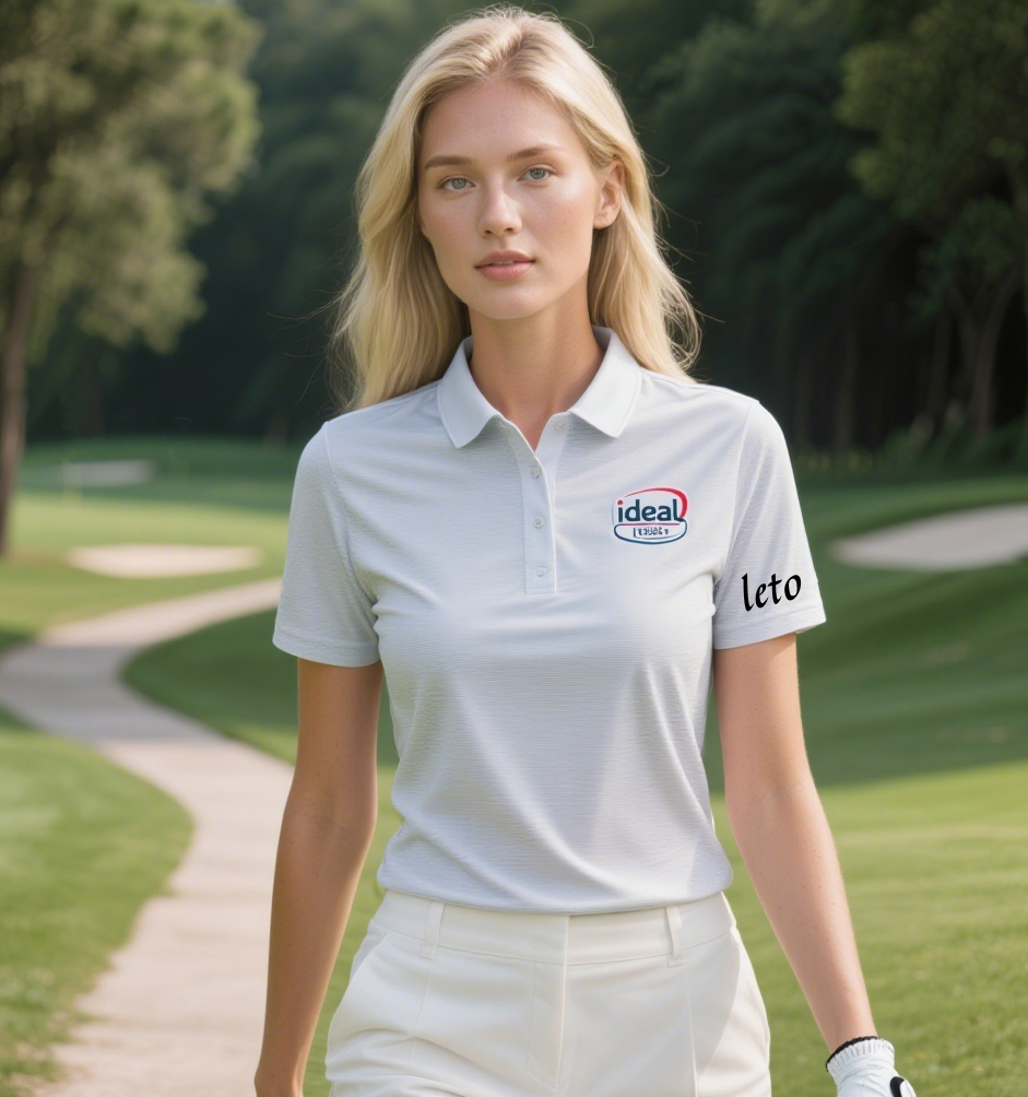 A sleek, custom golf polo featuring a brand logo, worn by a golfer on a professional course, showcasing style and brand recognition