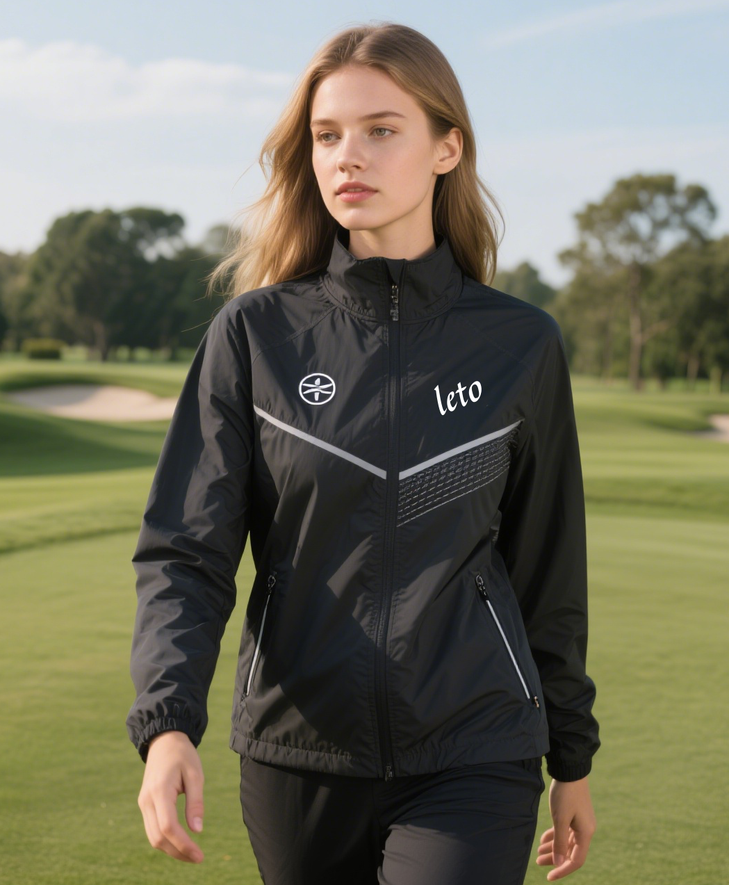 A golfer wearing a premium sport golf shirt featuring a custom embroidered company logo, showcasing style and professionalism on the course.