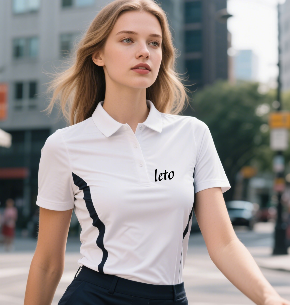 A golfer wearing an eco-friendly polo made from recycled materials, surrounded by a lush green golf course, embodying sustainability and style