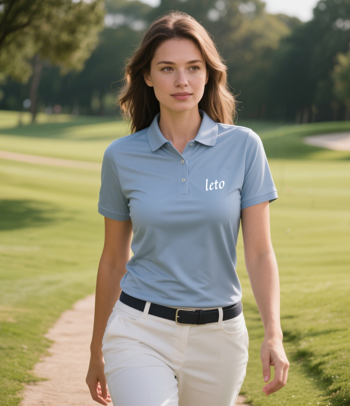 A golfer wearing a non-restrictive golf polo , showcasing lightweight, stretchable fabric for maximum comfort and movement