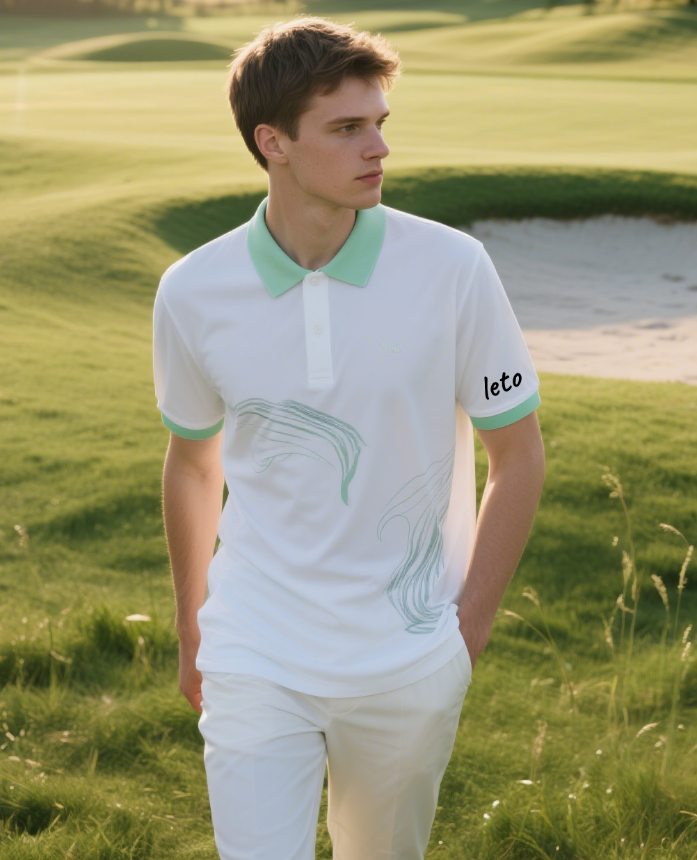  A traditional golf shirt  featuring a classic design, perfect for timeless style and comfort on the course.