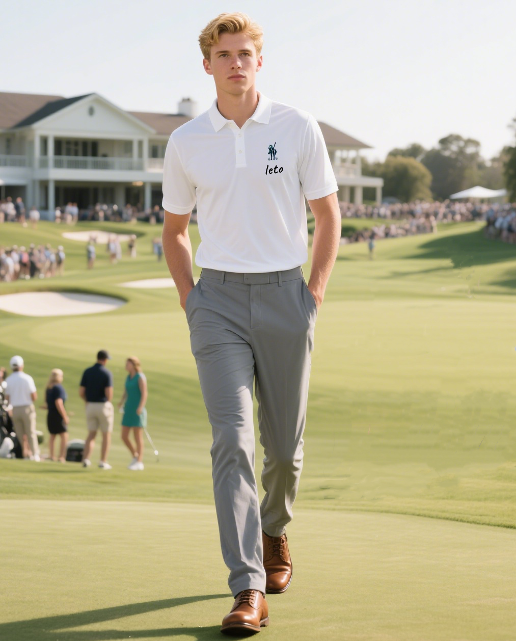 A golfer showcasing recycled and sustainable golf apparel, featuring innovative designs crafted with eco-friendly materials, standing against a serene golf course backdrop