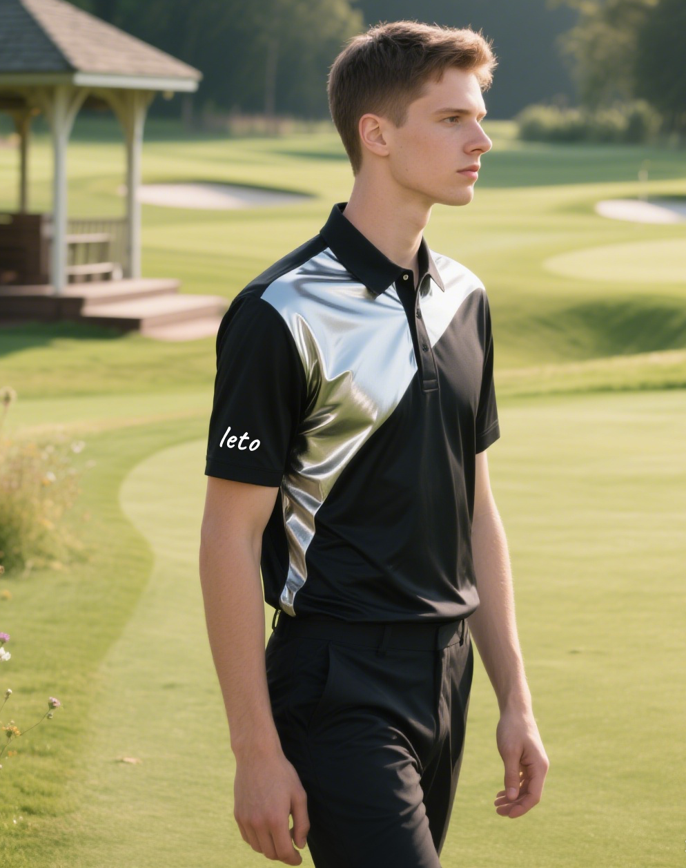 A golfer wearing a non-restrictive golf polo ⛳👕, showcasing lightweight, stretchable fabric for maximum comfort and movement  Precision Craftsmanship Golf Apparel