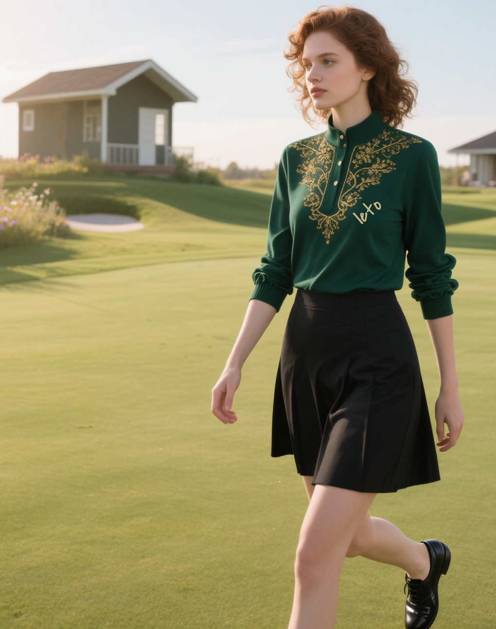 Close-up of an exclusive embroidered golf logo on a premium polo shirt, showcasing intricate stitching and vibrant colors