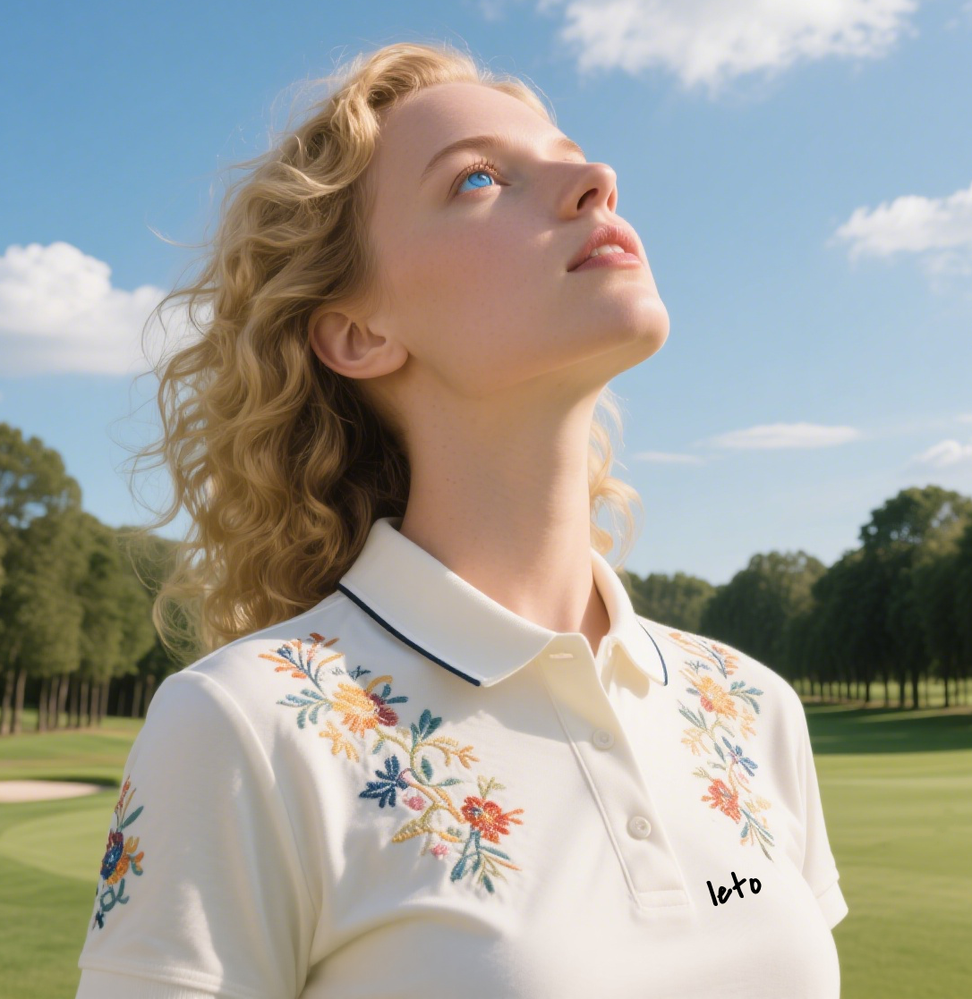 A golfer wearing a sleek, custom-embroidered polo shirt with a stylish logo, showcasing premium quality and personalized design on the course
