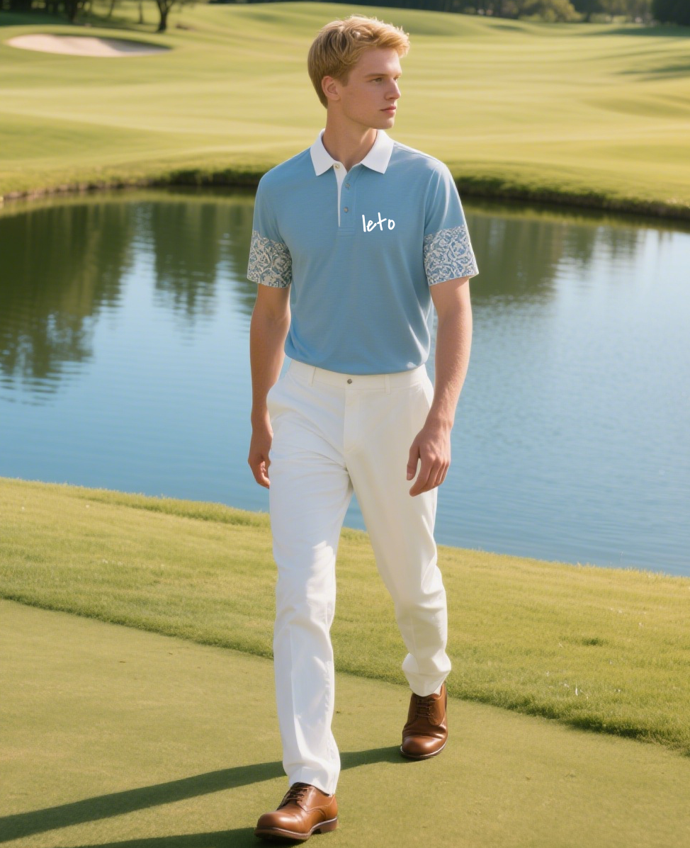 A golfer wearing natural fibers golf clothing, made from organic and eco-friendly materials, enjoying a round of golf surrounded by lush greenery