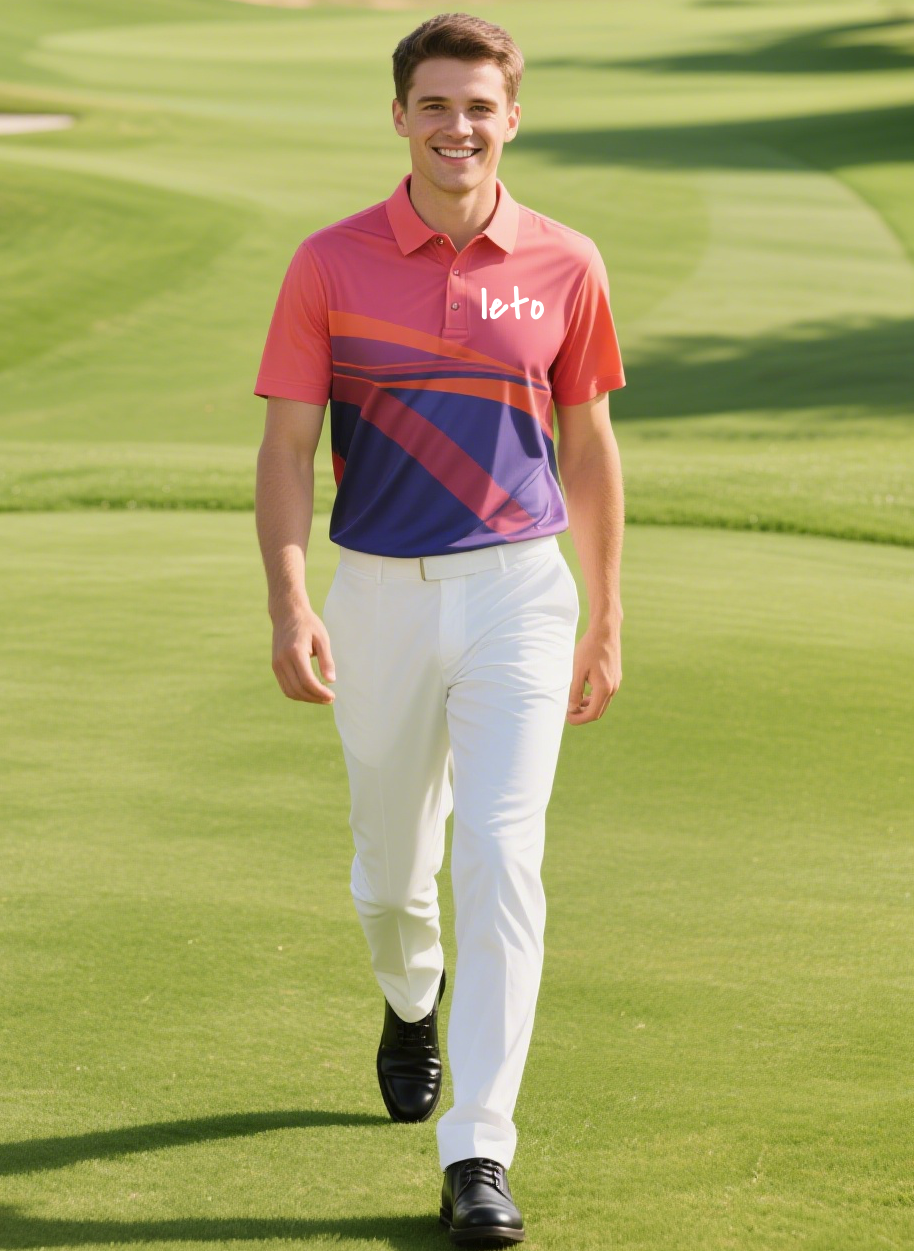 A golfer wearing a sleek and modern golf outfit with innovative design, advanced fabrics, and bold patterns, redefining the future of golf fashion