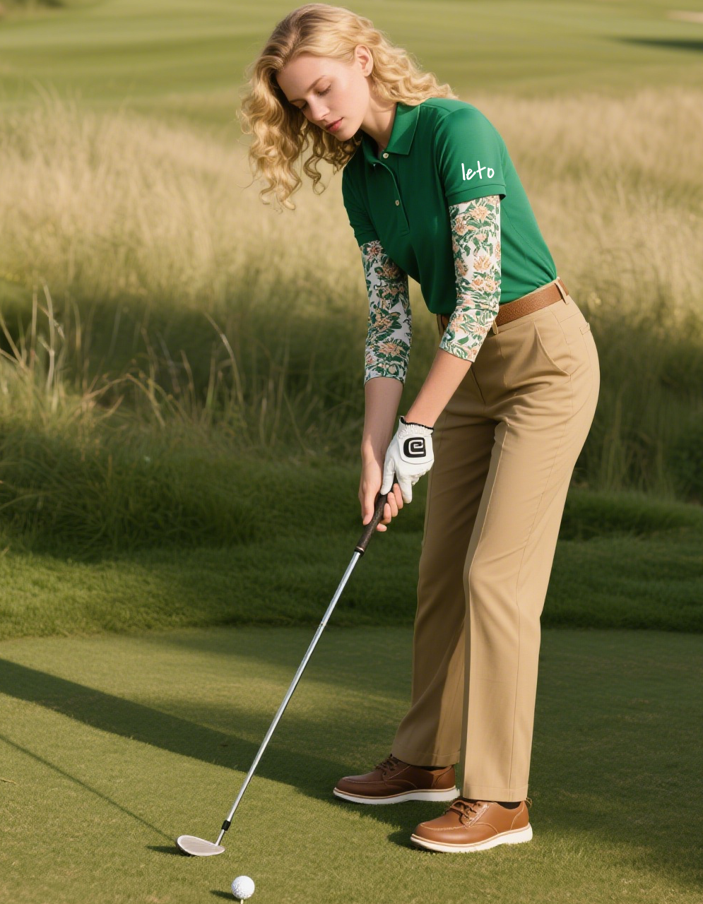 A sleek and modern country club uniform redesign featuring a tailored polo shirt, embroidered logo, and matching accessories, worn in a luxurious golf and dining setting
