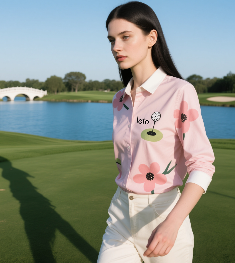 A stylish woman golfer wearing a cute and trendy outfit, including a chic skort and a vibrant polo, perfect for comfort and style on the golf course