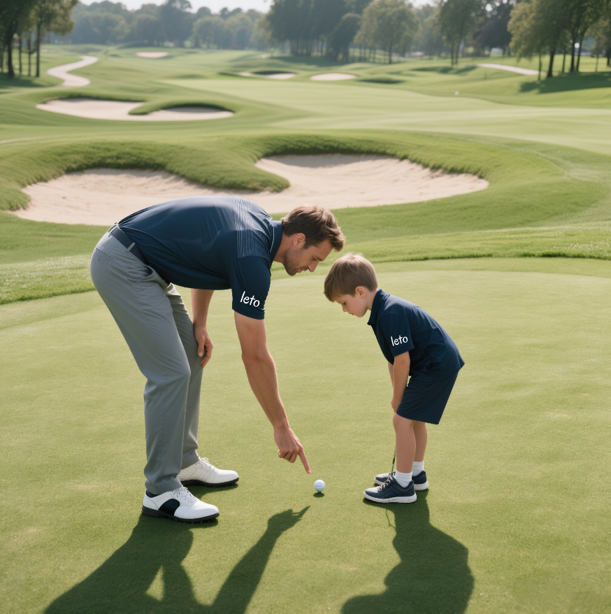 Father and son wearing matching golf shirts, symbolizing their shared passion for the game and a strong family bond.