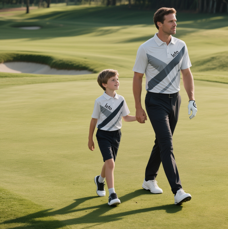 Golfer wearing a stylish, performance-driven golf shirt, showcasing a sleek and modern look on the course.