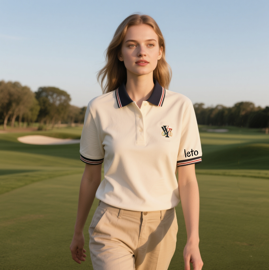 A golfer showcasing innovative golf fashion, featuring a sleek polo with moisture-wicking fabric, paired with breathable, stylish pants on a scenic golf course