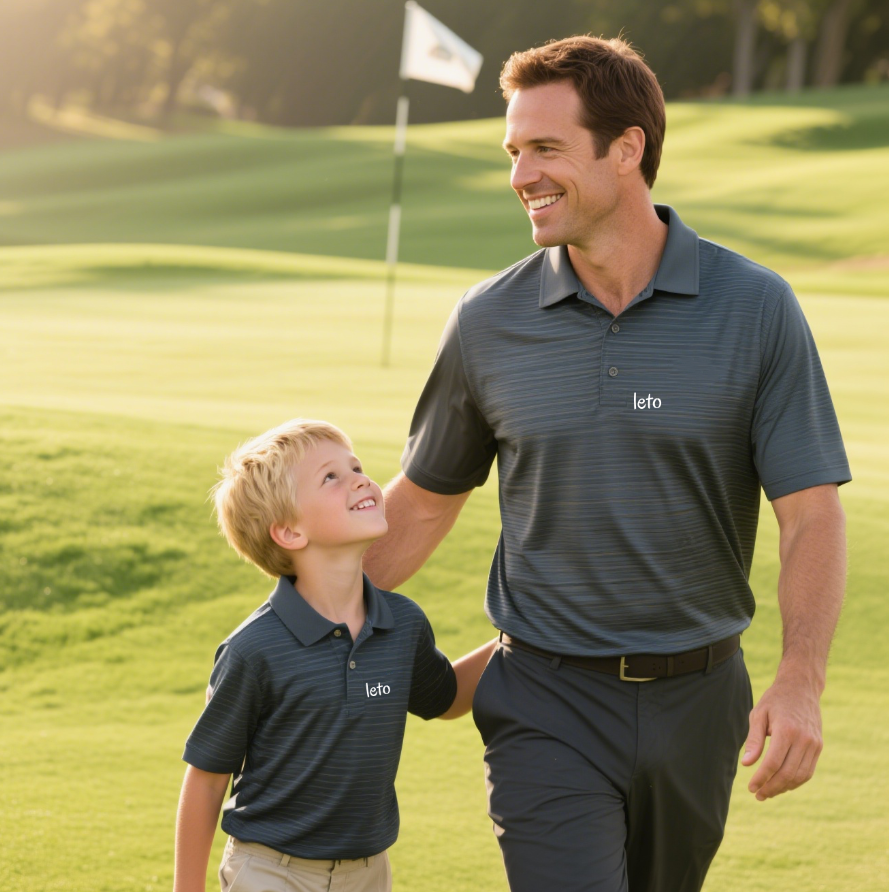 Father and son wearing matching golf shirts, symbolizing their shared passion for the game and a strong family bond.