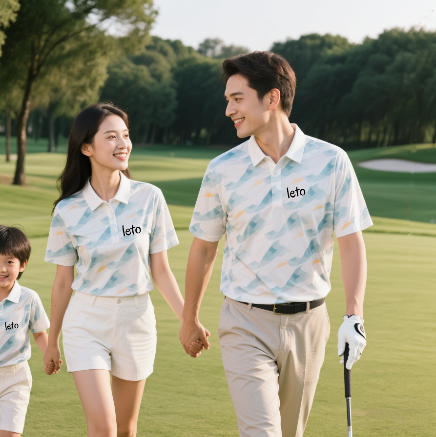 A stylish lady golfer wearing a cute golf outfit, including a chic skirt and matching top, walking confidently across a lush golf course under a sunny sky