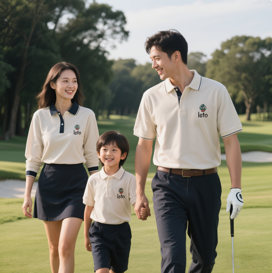 A collection of organic cotton golf shirts and apparel in neutral and pastel tones, designed for eco-conscious retailers and sustainable fashion enthusiasts