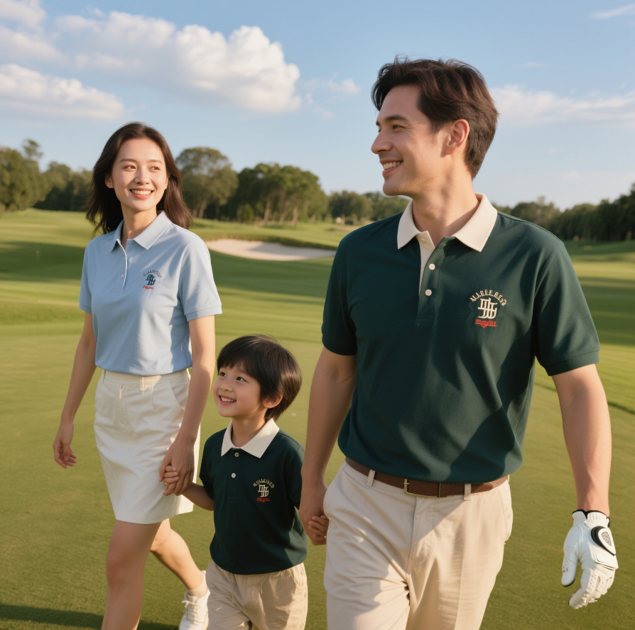 A modern country club uniform featuring a tailored blazer with bold accents, sleek golf pants, and a minimalist polo shirt, blending urban style with classic sophistication