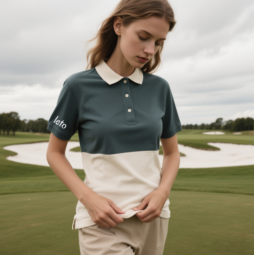 A team of country club staff dressed in stylish, matching uniforms, with a scenic golf course and clubhouse in the background.