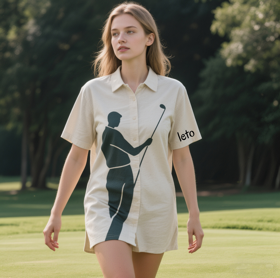 A startup team discussing apparel design next to a rack of golf clothing, showcasing MOQ flexibility for both small and large-scale orders.