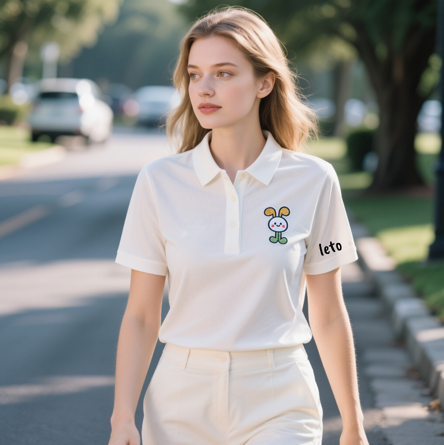 A confident female golfer wearing bold and unique golfwear with vibrant colors and modern designs, redefining women’s golf fashion