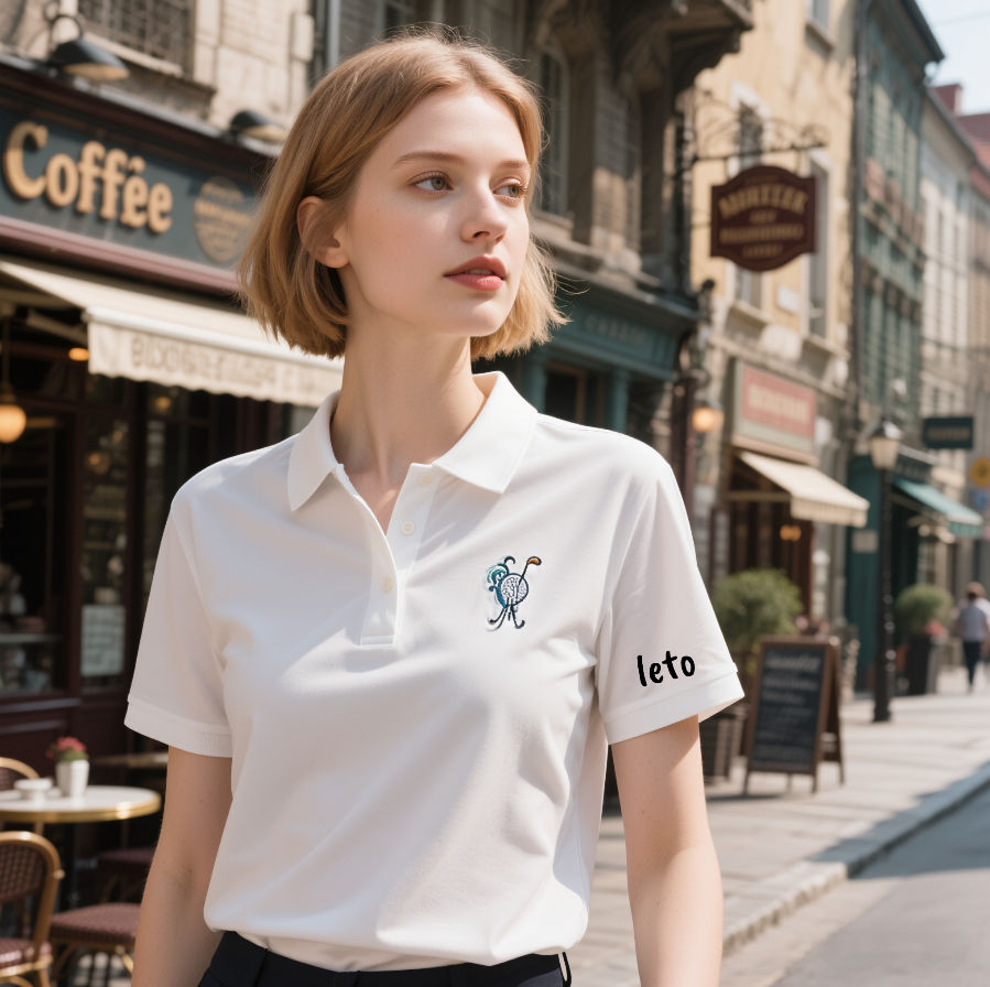 A golfer wearing a sleek polo shirt made from recycled materials, standing on a green golf course with sustainability symbols in the background.