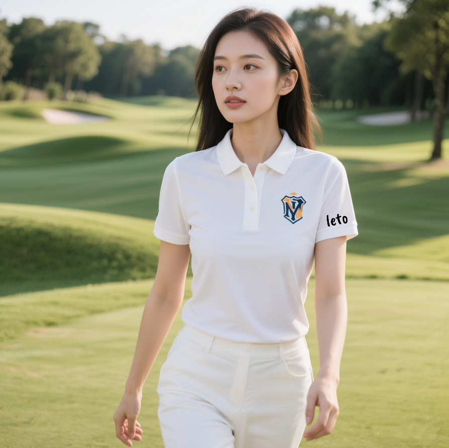 A golfer wearing a uniquely designed custom golf shirt, featuring a creative pattern, standing with a golf club on a pristine golf course.