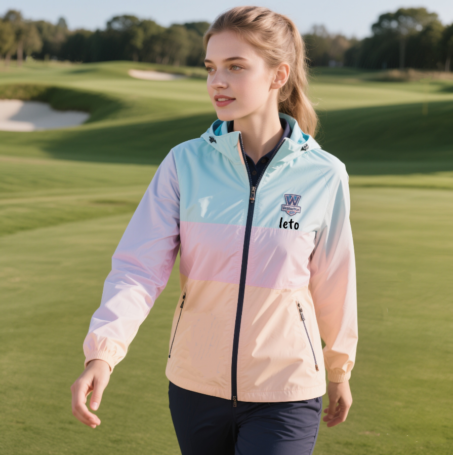 A country club staff member wearing a modern, insulated uniform with a tailored fit, standing confidently on a frosty golf course with snow-dusted trees in the background.