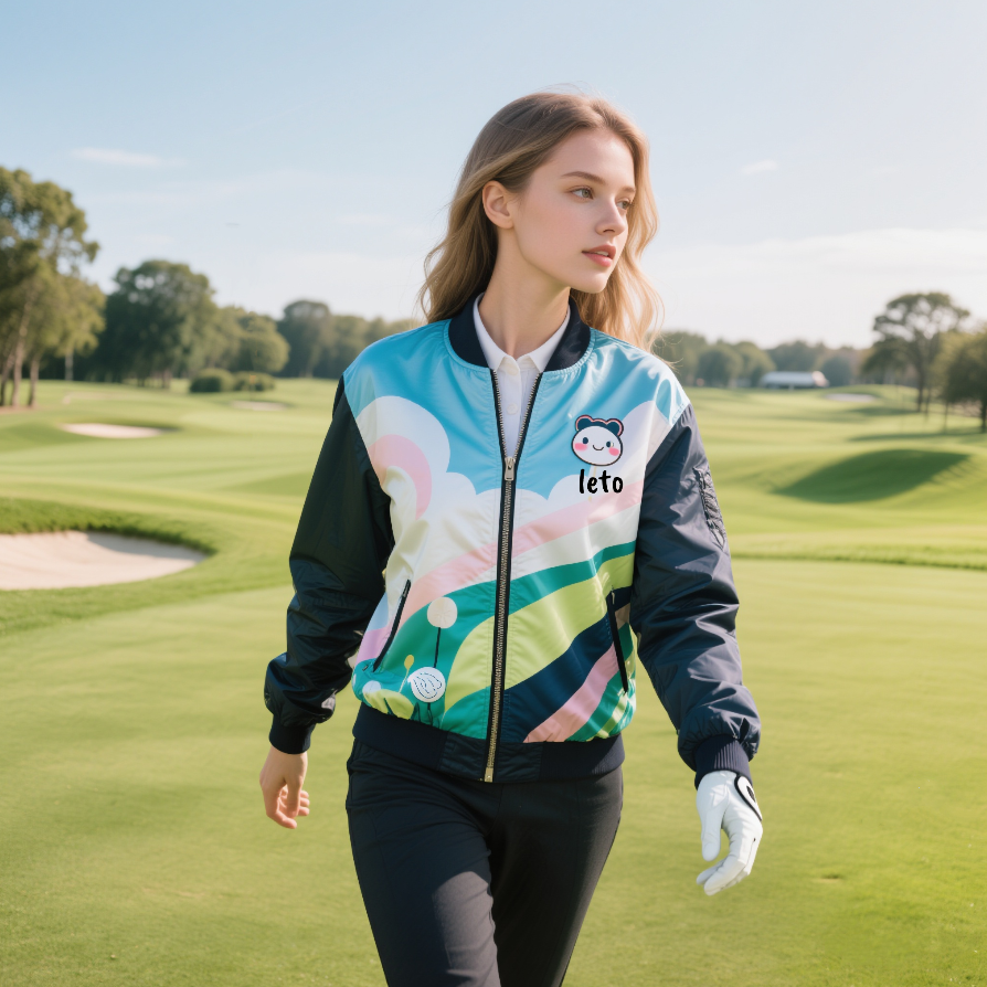 A chic and modern country club uniform featuring a tailored blazer, sleek polo shirt, and slim-fit pants, blending urban style with timeless elegance.