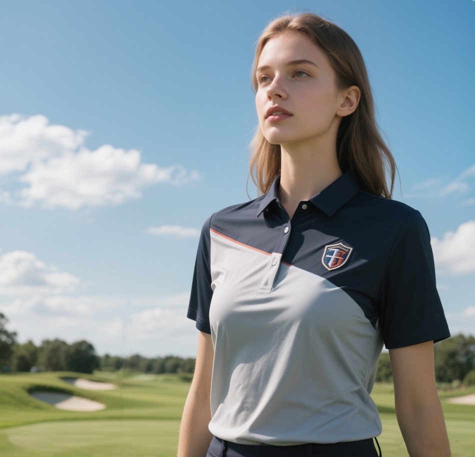 A handshake between a business professional and a designer, symbolizing a partnership, with premium golf wear designs and materials in the background.