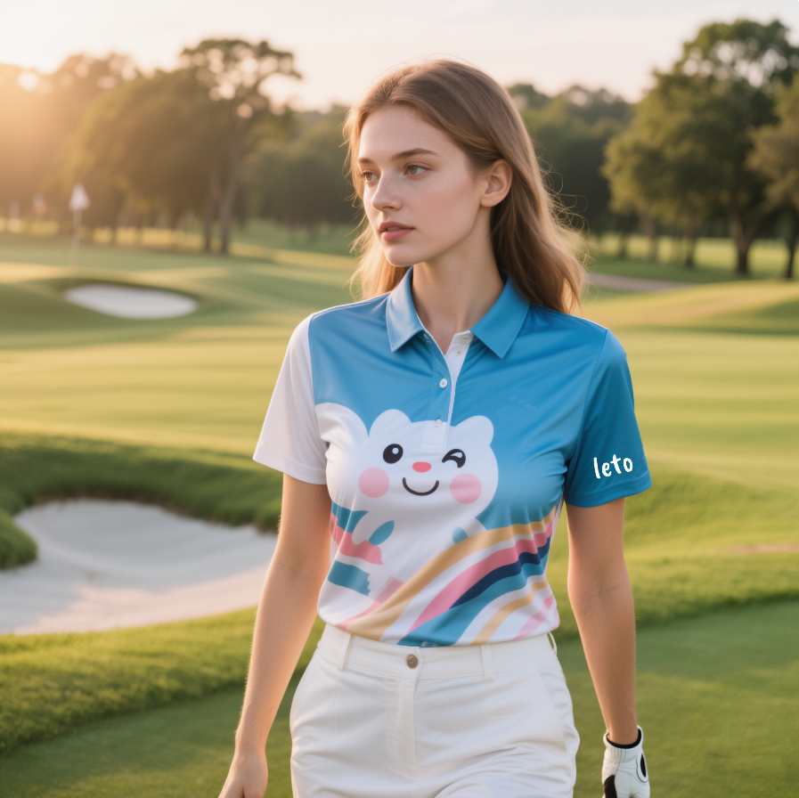 A cheerful young golfer wearing a funny golf shirt with a quirky slogan, laughing and having fun on the course, ready to take their swing.