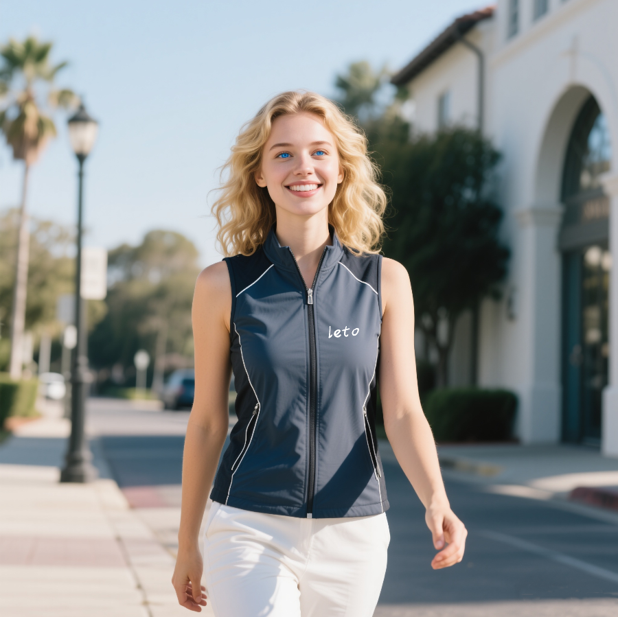 A golfer wearing eco-friendly, stylish golf apparel on a lush green course, highlighting sustainability and performance.