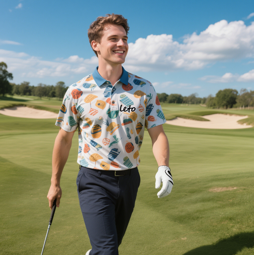 Custom golf apparel by Leto featuring funny designs and sustainable, high-perform