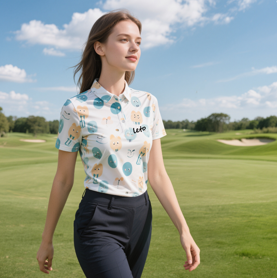 A dynamic workspace with golf apparel prototypes, creative sketches, and vibrant fabric samples, capturing the essence of a new era for golf apparel startups