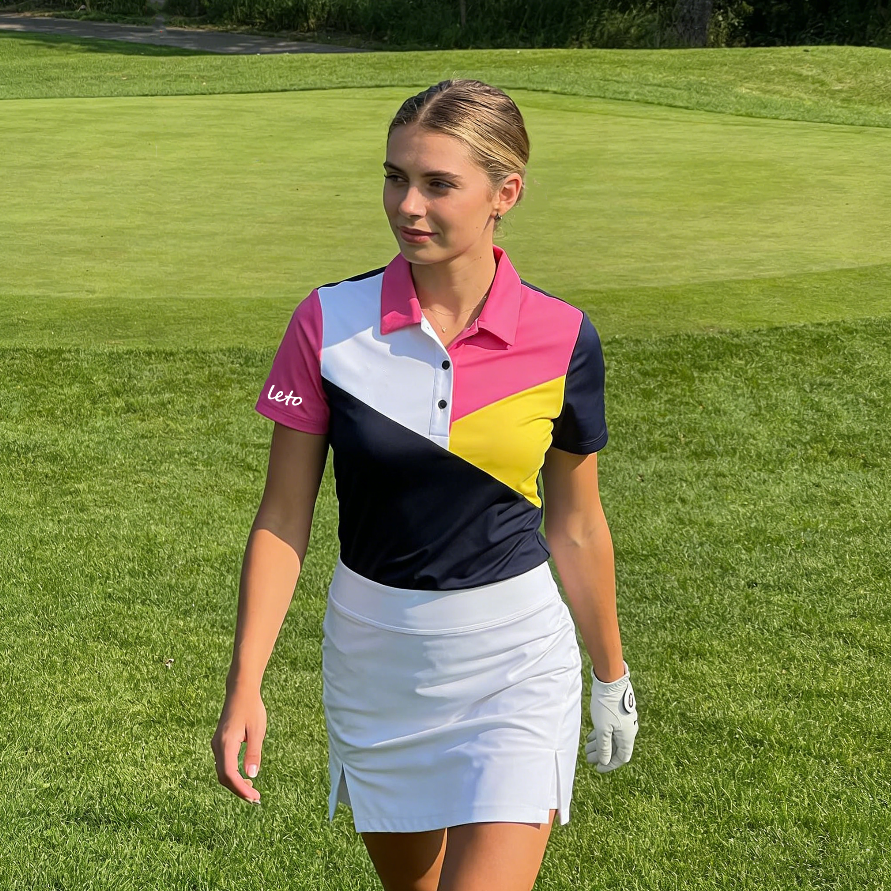 A collection of custom golf polos and apparel, designed for small businesses with a low MOQ starting at 50 pieces