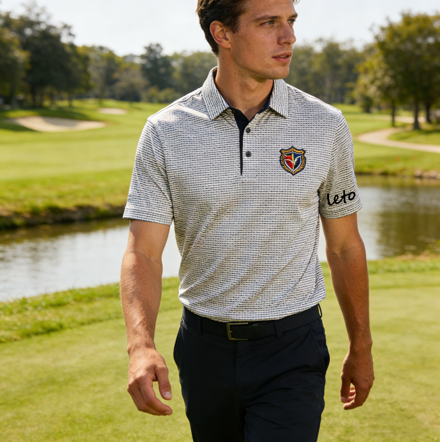 A creative workspace featuring a golf entrepreneur sketching designs for a boutique brand. A laptop, golf club, and stylish apparel line in the background. Perfect for empowering golf startups.