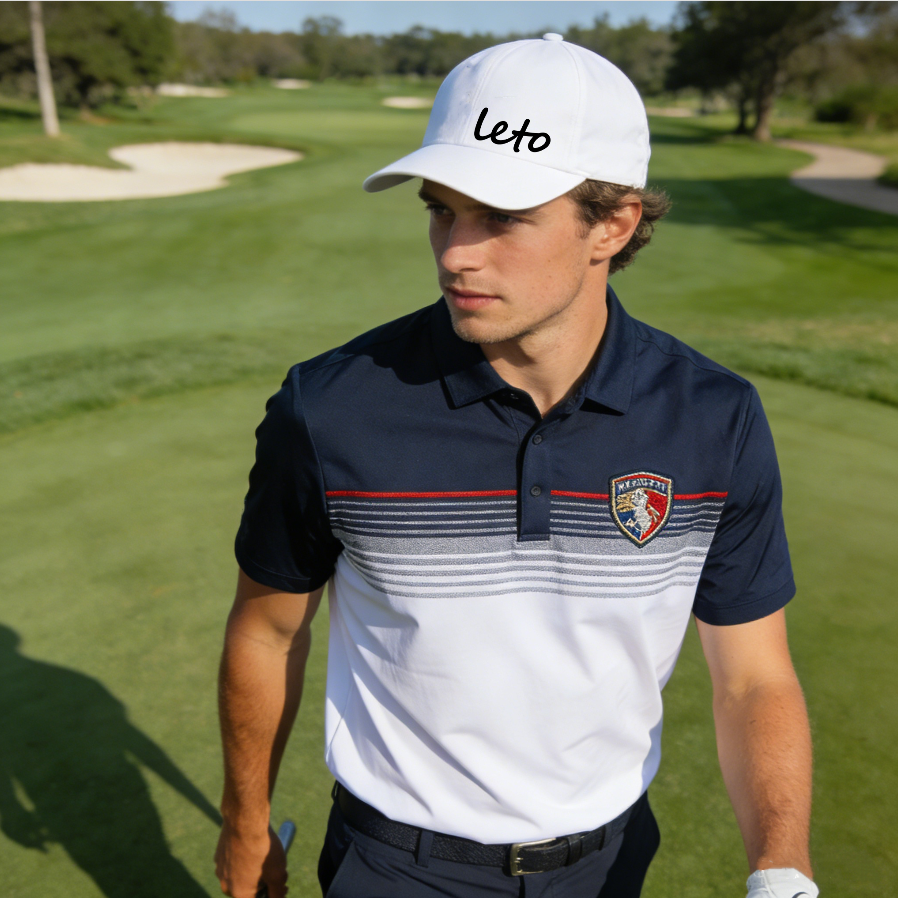 Custom golf apparel featuring embroidery and printing for personalized designs like logos, names, and unique patterns