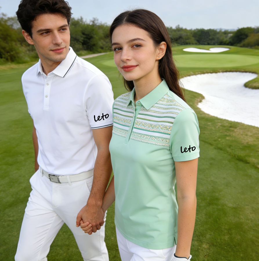 Couples golf fashion featuring coordinated outfits with premium fabrics and modern designs, perfect for stylish duos on the course.